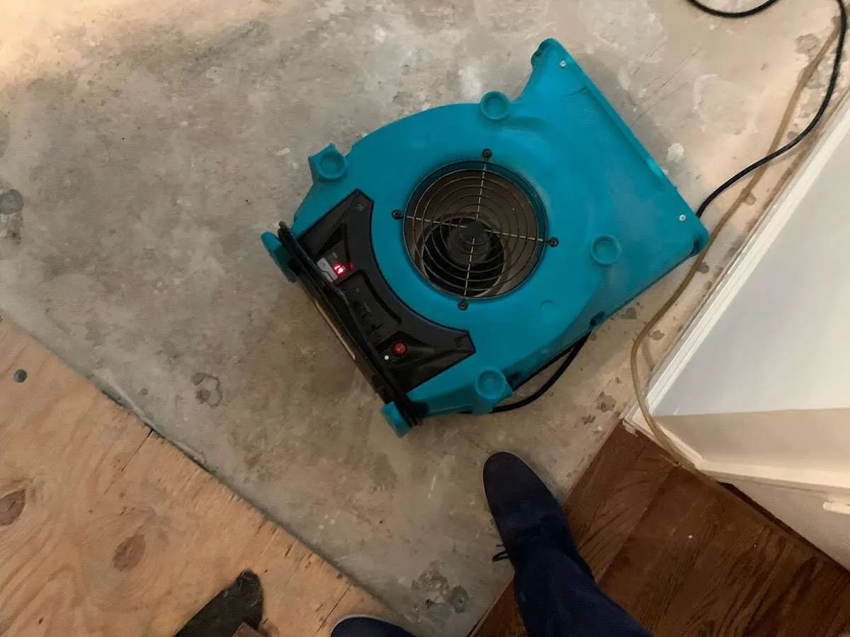 Air mover drying subfloor during Leak Detection & Repair in St. Martinville